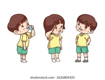 Children pose bundling. people suffering from summer heat wave feeling hot and thirsty vector illustration