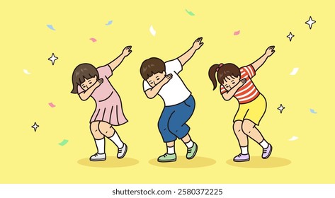 Children are posing as dab. Vector art with exciting atmosphere with paper and glitter scattered around.