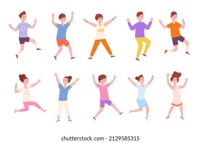 Children posing jump. School kids have jumping pose, pupils active leisure aerobic movement, happy childhood boy, cute action teenagers fun kid ballet, vector illustration. Boy and girl jump active