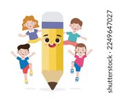 children Posing With Pencil Character, Back to school, cartoon Children flying on pencil, kids riding big pencil in the sky, education concept poster vector illustration isolated on background