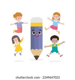children Posing With Pencil Character, Back to school, cartoon Children flying on pencil, kids riding big pencil in the sky, education concept poster vector illustration isolated on background