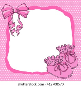 Children postcard with a bow and booties. For girl.