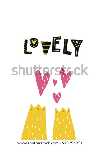 Children poster with dinosaur paws, hearts and handdrawn text. Vector card with baby animal