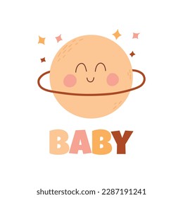 Children poster, postcard, card with the planet. Children's boho print with a planet and an inscription. Vector illustration.