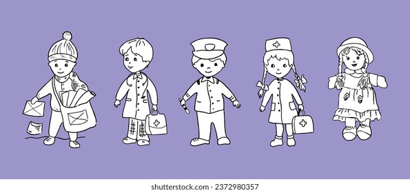 Niños. Postman, médico, policía, muñeca. Gráficos vectoriales, eps