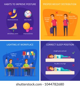 Children posture cartoon 2x2 design concept with correct sleep positions sufficient lighting and weight distribution images vector illustration