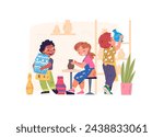 Children pottery. Kid clay sculpting handcraft workshop, kids making ceramic pot paint art work activity, child boy girl potter craft sculpture in vector illustration of ceramic clay, handcraft hobby