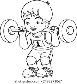 children practice lifting weights  line vector illustration isolated on white background