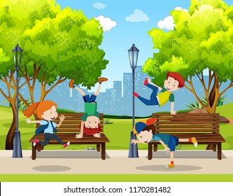 Children practice street dance at park illustration