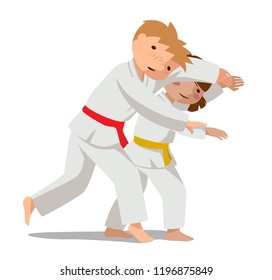 Children are practicing, defending skills in uniform. Colorful vector flat illustration. Suitable for oriental martial arts such as aikido, judo, karate, jiu-jitsu, budo