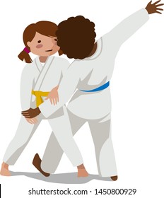 Children are practicing, defending skills in uniform. Colorful vector flat illustration. Suitable for oriental martial arts such as aikido, judo, karate, jiu-jitsu, budo