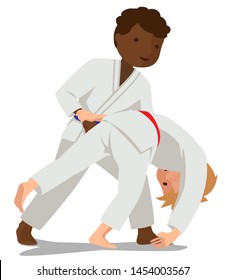 Children are practicing, defending skills in uniform. Colorful vector flat illustration. Suitable for oriental martial arts such as aikido, judo, karate, jiu-jitsu, budo