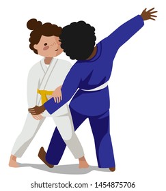 Children are practicing, defending skills in uniform. Colorful vector flat illustration. Suitable for oriental martial arts such as brazilian Jiu Jitsu