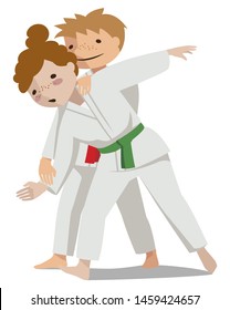 Children are practicing, defending skills in uniform. Colorful vector flat illustration. Suitable for oriental martial arts such as aikido, judo, karate, jiu-jitsu, budo