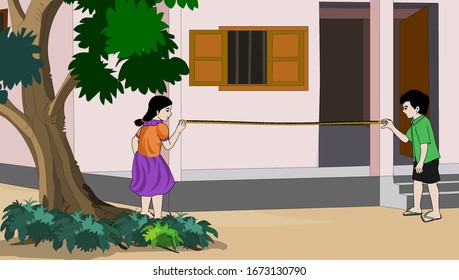 children practicing measurement. A boy and a girl in front of the house do measure - illustration