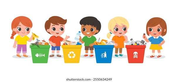 Crianças praticando reciclagem com quatro caixotes de lixo rotulados como Orgânico, Reciclável, Geral e Perigoso. Diferentes tipos de lixo. Conceito de reciclagem ambiental.