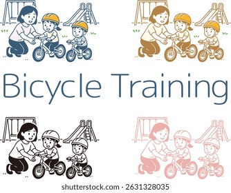 Children practicing riding bicycles in the park and their mothers teaching them