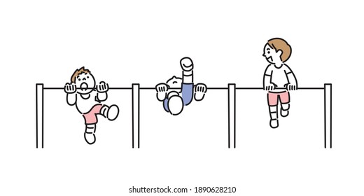 Children practicing the upside-down climb with their friends
