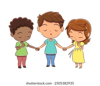 Children praying, holding hands, vector illustration