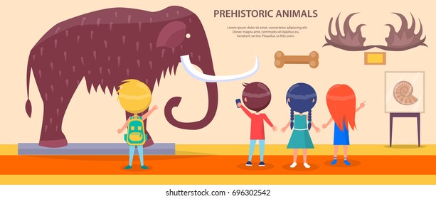 Children at prehistoric animals exhibition with huge mammoth, animal horns, ancient bones and picture of shell vector illustration.