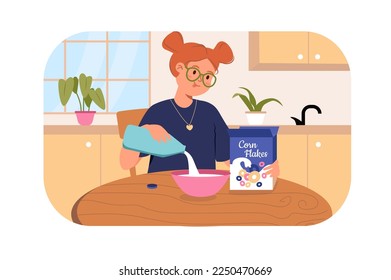 Niños preparando el concepto del desayuno con la escena de la gente en diseño plano. Niña adolescente vertiendo leche en un bol de copos de maíz en la cocina de su casa. Ilustración de vector con situación de caracteres para web