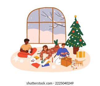 Niños preparándose para Navidad en casa. Niños y niñas felices durante las preparaciones de DIY para las vacaciones de invierno. Niños en Navidad, Nochevieja. Ilustración vectorial gráfica plana aislada en fondo blanco