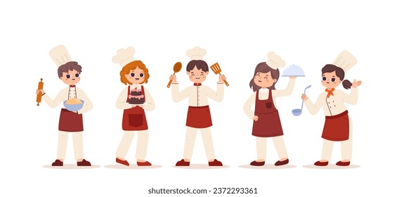 Children preparing food, happy cooking cartoon characters with kitchen equipment. Cute little kids in white chef uniforms, snugly vector banner