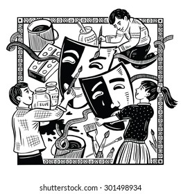 children preparing for performance in a drama lesson. computer graphics