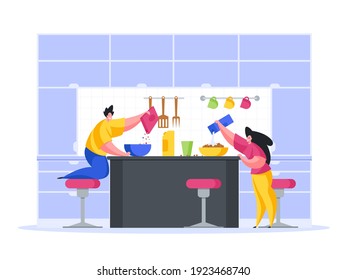 Children preparing snacks in kitchen cartoon vector concept. Joyful boy pours dry sweet breakfast into blue bowl. Cheerful girl pours milk into them. Delicious and healthy fast food at home.