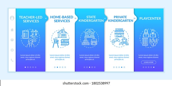 Children preschool center types onboarding vector template. Early childhood education. Parening. Responsive mobile website with icons. Webpage walkthrough step screens. RGB color concept