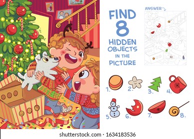 Children Presented Puppy For Christmas. Find 8 Hidden Objects In The Picture. Puzzle Hidden Items. Funny Cartoon Character