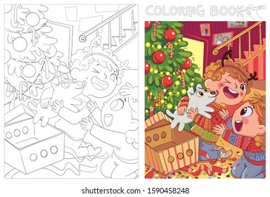 Children presented a puppy for Christmas. Funny cartoon character. Vector illustration. Coloring book