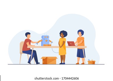 Children presenting cyborg at robotics class. Children showing robot to teacher. Vector illustration for education, robotic technology, school project concept