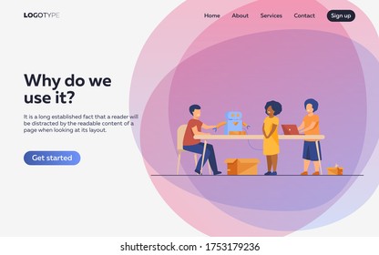 Children presenting cyborg at robotics class. Children showing robot to teacher. Vector illustration for education, robotic technology, school project concept