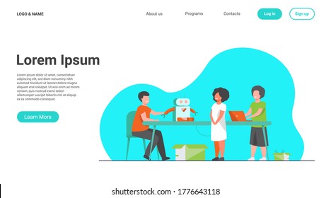 Children presenting cyborg at robotics class. Children showing robot to teacher. Vector illustration for education, robotic technology, school project concept