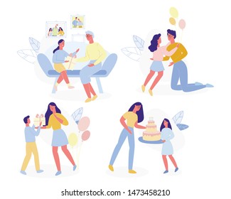 Children Presenting Gifts to Moms. Happy Mother Day Set Isolated on White Background. Little and Adult Kids Sons and Daughters Congratulating Parent with Holiday, Cartoon Flat Vector Illustration