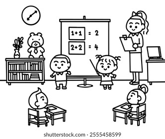 Children presenting worksheet at classroom coloring pages style.
