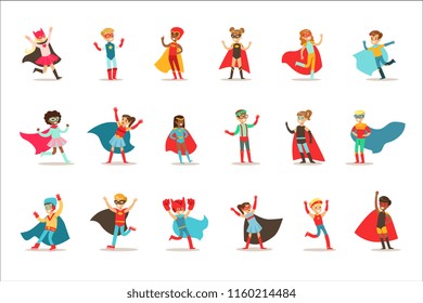 Children Pretending To Have Super Powers Dressed In Superhero Costumes With Capes And Masks Set Of Smiling Characters