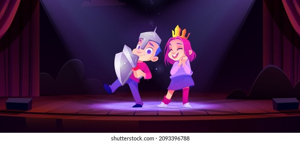 Children in princess and knight costumes play performance on theater stage. Vector cartoon illustration of cute kids actors, girl in gold crown and boy in armor with sword and shield