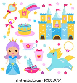 Elementos de diseño de fiesta infantil princesa. Pegatinas, imágenes prediseñadas para niñas. Unicornio, castillo, corona, zapatos y otros símbolos de hadas para invitaciones, scrapbook, blogueo, juegos para niños móviles