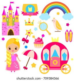 Children princess party design elements. Stickers, clip art for girls. Carriage, castle, rainbow and other fairy symbols for invitations, scrapbook, blogging