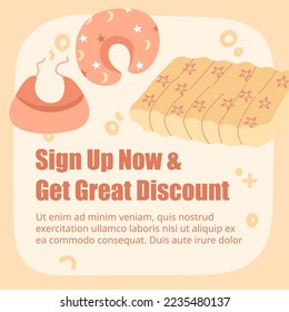 Children products in shop or store with great discount and sale. Baby pillow and blanket or warm mattress for infants. Kids equipment for comfortable living. Promotional banner. Vector in flat style