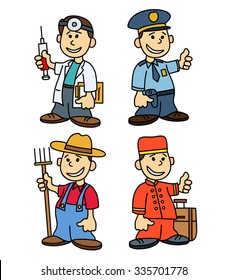children profession. color drawing. doctor police man farmer porter