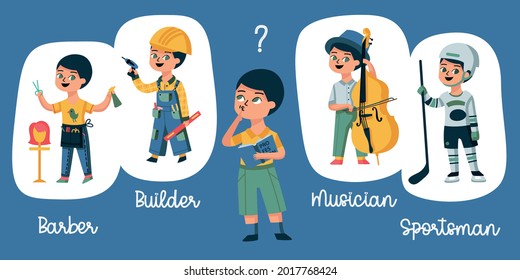 Children profession composition with character of little boy question mark and characters of kids in uniform vector illustration