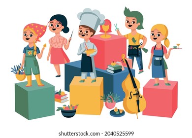 Children profession composition with view of toy cubes with cartoon characters of kids with professional equipment vector illustration