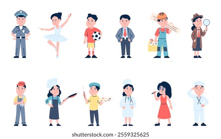 Children profession. Cute little kids wearing different uniforms. Policeman ballet dancer singer dancer chef carpenter. Toddlers recent vector set