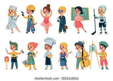 Children profession set of isolated cartoon style characters of kids wearing appropriate uniform with professional equipment vector illustration