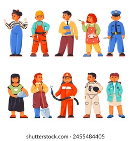 Children profession uniform. Kids professional workers community, child job occupation career professions teacher doctor fireman, recent cartoon cute characters vector illustration