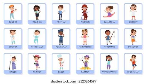 Children professional characters, young teacher, doctor and astronaut cards. Training cards for kids professions vector illustration set. Baby doctor, builder and farmer wearing uniform