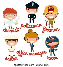 children professions. chemist, policeman, fireman, sailor, office manager, racer. vector character set.